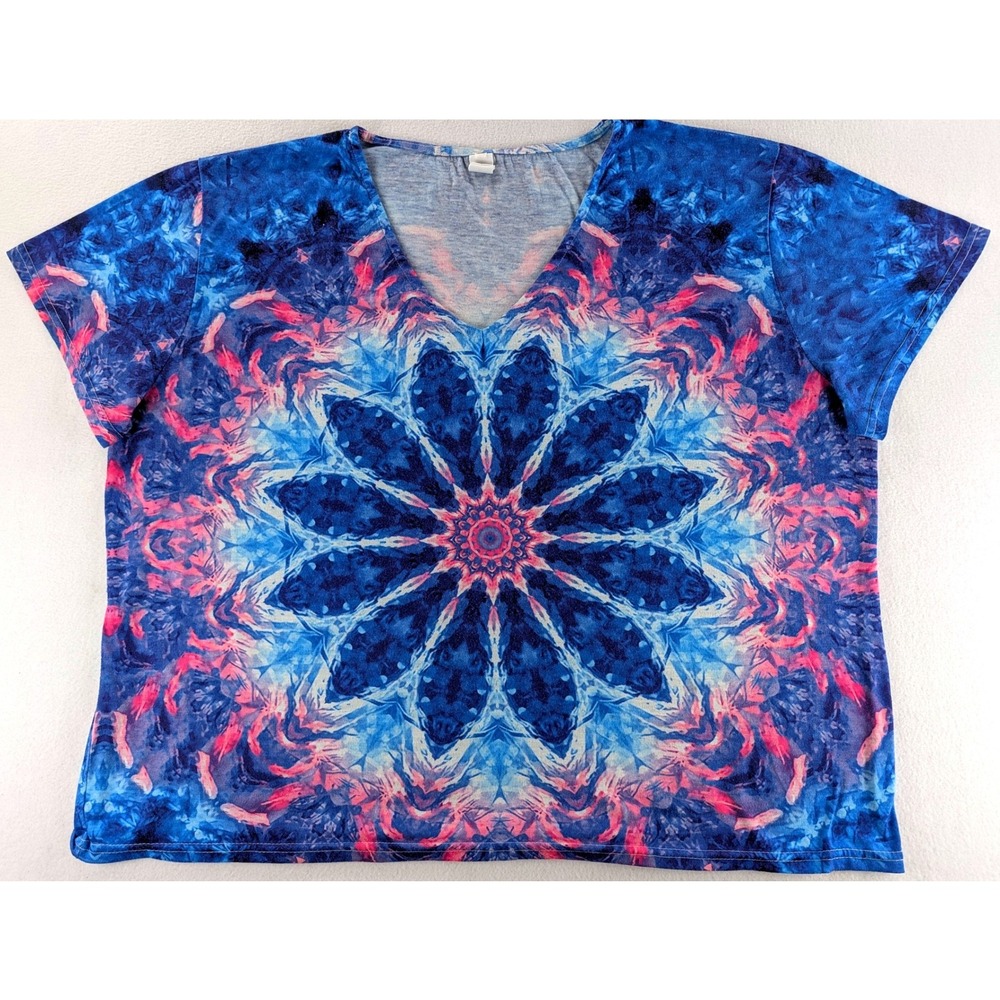 Chicyea Tie Dye Kaleidoscope Mandala V-Neck Tee Womens Blue Pink 2XL